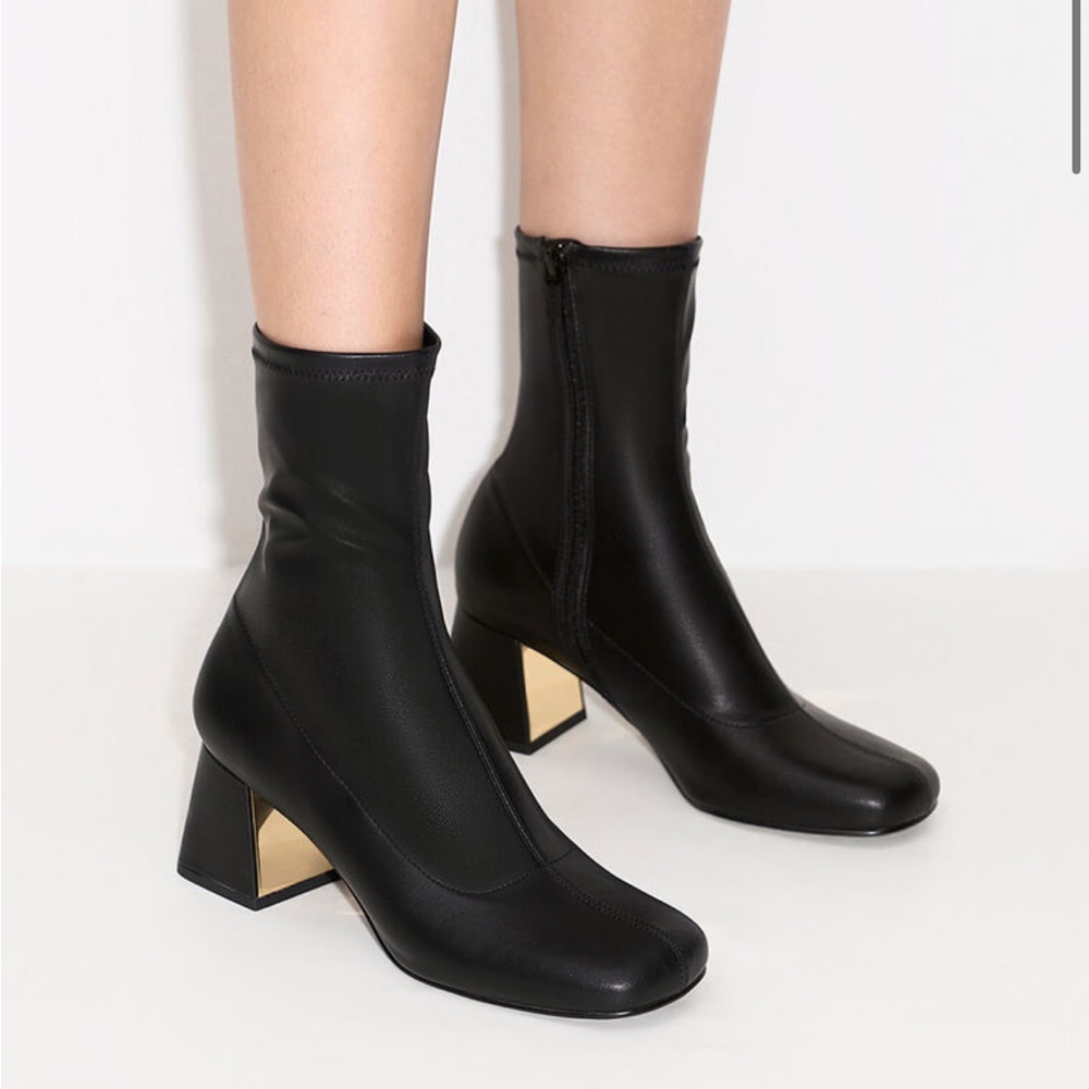 Charles & Keith Black Square-Toe Block Heel Ankle Boots